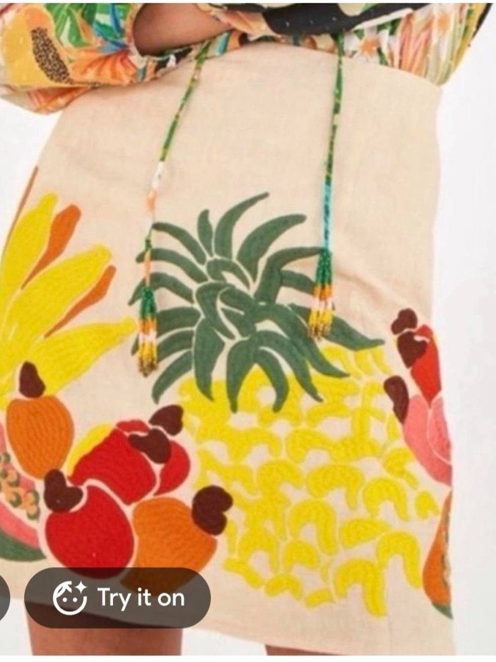 FARM Rio Embroidered Tropical Fruit Linen Mini Skirt. Size XS